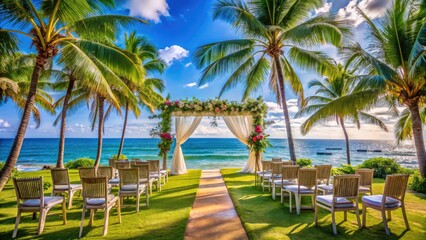 Beachfront Wedding, Ocean View Ceremony, Palm Tree Paradise, Romantic Setup, Coastal Wedding Decor, Destination Wedding