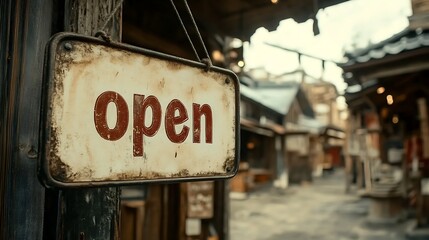 Rustic open sign on a wooden post in front of an old cabin in winter
