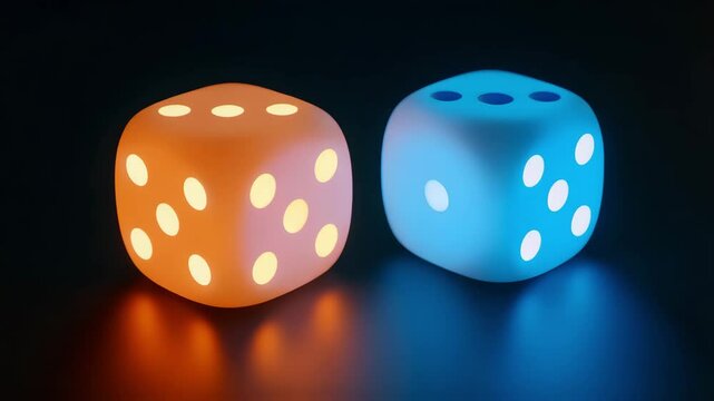 Two Illuminated Dice Glowing Brightly in Neon Blue and Orange Light A Close Up Studio Shot