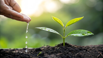 A Hand Gently Providing Water to a Small Plant Sprouting from the Soil
