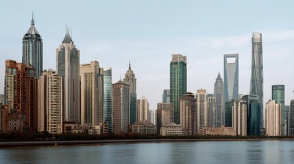 Naklejka premium A striking city skyline unites historic and modern skyscrapers across a tranquil waterway, reflecting the dynamic yet serene urban landscape.