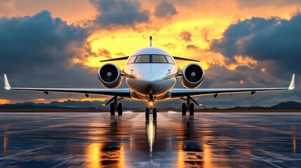 Private Jet on Wet Runway at Sunset