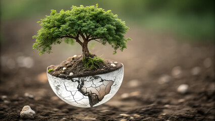 A Small Tree Growing from a Soil-Filled Half of a Cracked Globe, Highlighting Nature's Ability to Persist Despite Planetary Challenges