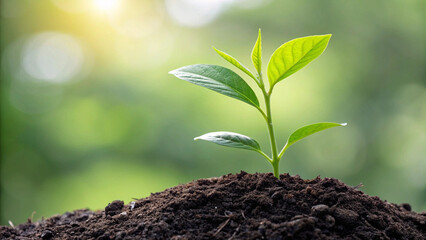 A Tender Young Plant Thrives in a Mound of Fertile Soil, Bathed in Gentle Sunlight