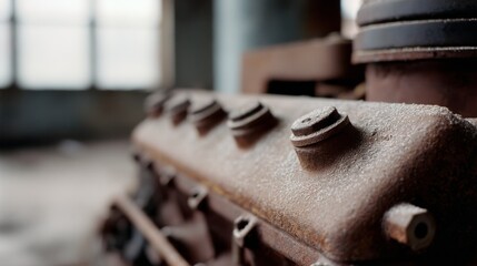 A weathered, industrial engine part showcases the beauty of rust and decay in a sunlit, abandoned factory setting.