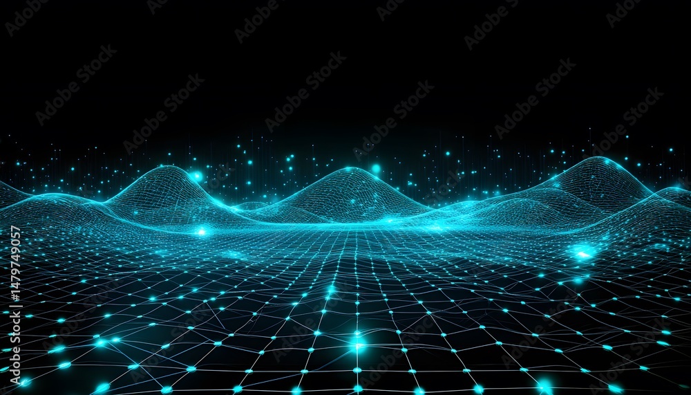 Poster digital landscape of interconnected points and lines.