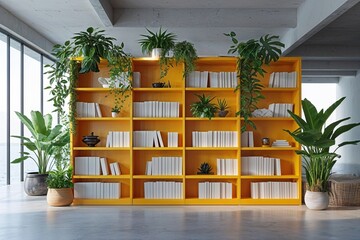 Fototapeta premium Bright Bookcase with Indoor Plants Against a Stark Backdrop in a Contemporary Chic Open Space