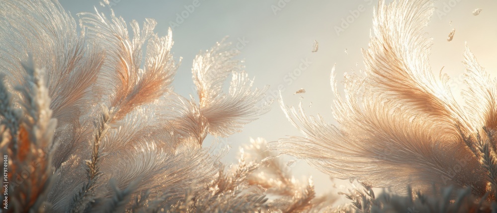 Poster abstract frosted window pane close up view showing intricate ice crystal patterns in winter morning 