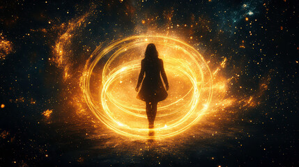 Silhouette In A Golden Light Portal With Transcendence