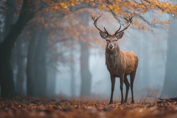 A majestic stag standing in a misty autumn forest