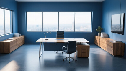 Front and center view of modern executive office interior with wooden desk, blue accent walls, and panoramic city view. Elegant, professional workspace with stylish design.

