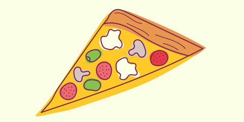 Doodle Pizza slice design. Colorful Hand drawn vector illustration for cards, business, banners, textile, wallpaper, wrapping in orange, yellow, green, beige and red colours. Isolated on background	