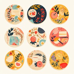 Nine vibrant circular designs feature fruits, flowers, and abstract shapes on varied backgrounds. A delightful collection of artistic patterns.