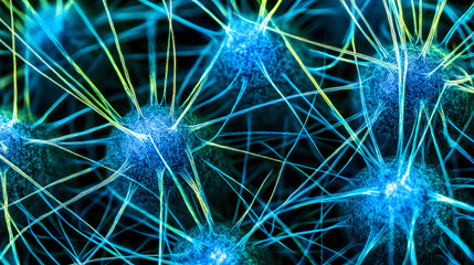 Obraz premium Abstract representation of interconnected neurons showcasing vibrant blue and yellow neural pathways against a dark backdrop