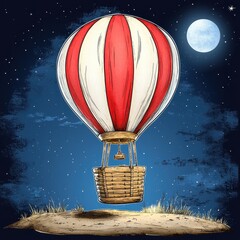 Red and White Striped Hot Air Balloon at Night Under a Full Moon