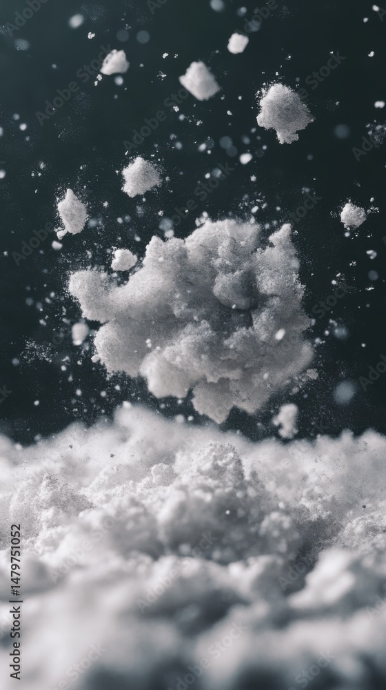 Poster abstract shot of white powder explosion against a dark background in studio setting with dynamic mov