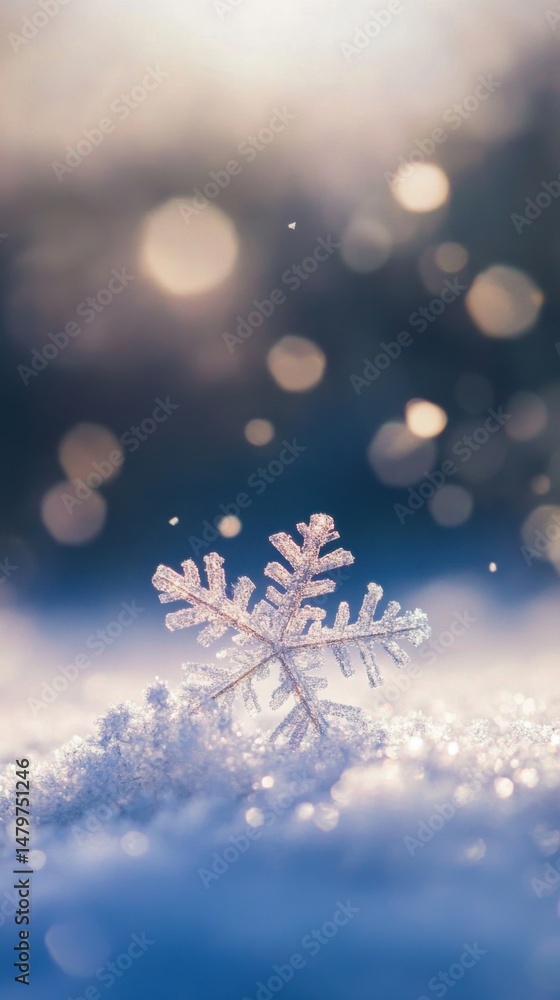 Poster macro shot of sparkling snowflake resting on snowdrift with bokeh lights winter holiday season