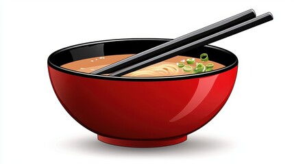 Red Bowl of Noodle Soup with Chopsticks and Green Onions