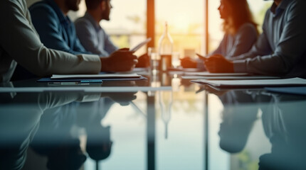 Close-Up of a Corporate Meeting Under Warm Lighting – Microphotography of Reflections and Paper Textures