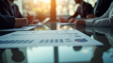 Close-Up of a Corporate Meeting Under Warm Lighting – Microphotography of Reflections and Paper Textures