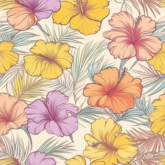 Seamless Pattern with Tropical Hibiscus Flowers and Palm Leaves