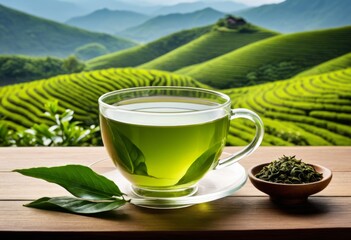 There is a cup of green tea and a bowl of tea on the table