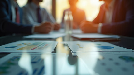 Close-Up of a Corporate Meeting Under Warm Lighting – Microphotography of Reflections and Paper Textures