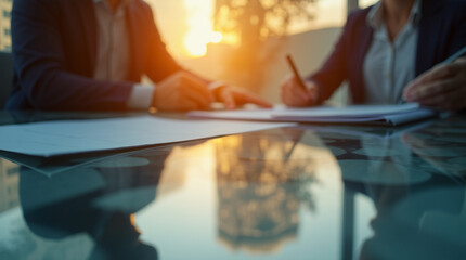 Close-Up of a Corporate Meeting Under Warm Lighting – Microphotography of Reflections and Paper Textures