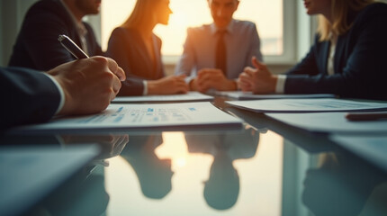 Close-Up of a Corporate Meeting Under Warm Lighting – Microphotography of Reflections and Paper Textures