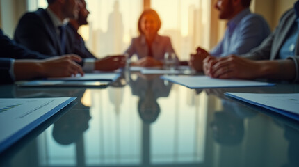 Close-Up of a Corporate Meeting Under Warm Lighting – Microphotography of Reflections and Paper Textures