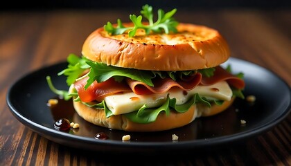 Delicious toasted bagel sandwich with prosciutto, cheese, and arugula served on a black plate