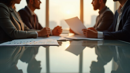 Close-Up of a Corporate Meeting Under Warm Lighting – Microphotography of Reflections and Paper Textures