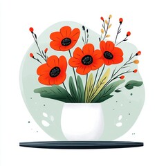 Red Poppies in White Vase Minimalist Illustration