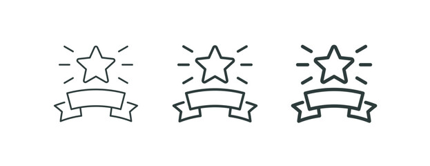 Premium star, high rank, excellence award, outline icons. Line signs sparkling five-pointed star with rays and ribbon. Vector isolated pictograms for web and app on white background editable stroke.