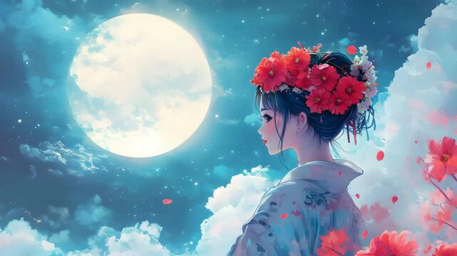 Serene Anime Girl in Kimono Adorned with Flowers Underneath a Full Moon Night Sky