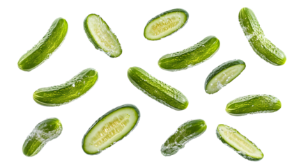 Refreshing cucumber slices splashing with clear water in the air