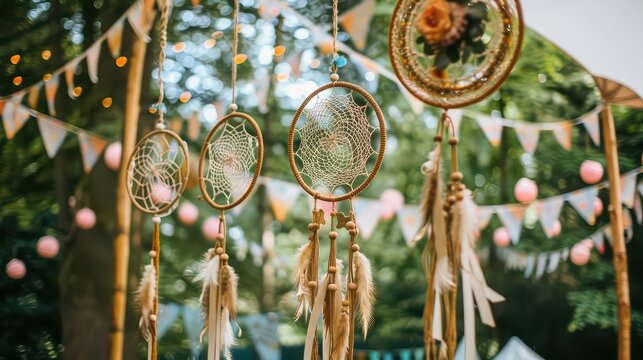 Boho Wedding Party Setup with Dreamcatchers and Bunting