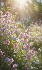 Obraz premium Impressionistic sunlit spring flowers, soft focus, pastel tones, sun, soft, meadow