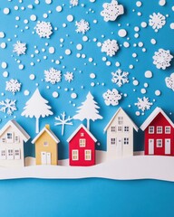 Obraz premium Winter Village Scene with Paper Houses and Snowflakes on Blue Background Flat Lay Holiday Season Concept