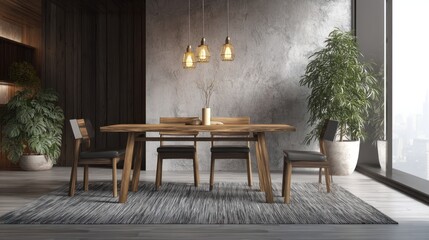 Modern Minimalist Dining Room Interior Design with Wooden Table and Chairs