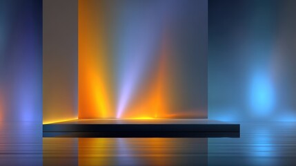 Abstract Background Illuminated Platform with Vibrant Orange and Blue Glowing Lights