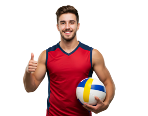 A smiling athlete in a red jersey holds a volleyball and gives a thumbs up.
