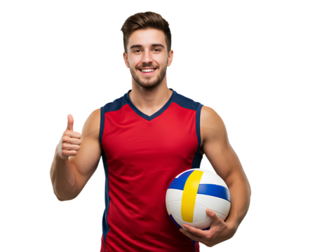 A smiling athlete in a red jersey holds a volleyball and gives a thumbs up.