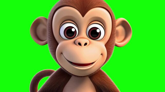 Cute cartoon monkey smiling animation, transparent 4K video, green screen
