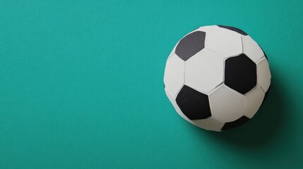 Naklejka premium Soccer Ball Still Life on Teal Background Overhead View Minimalist Style Copy Space for Text or Graphic Design
