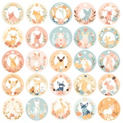 Charming pastel circles showcase adorable foxes, bunnies, and deer, nestled within delicate floral wreaths. A delightful collection of whimsical woodland creatures.