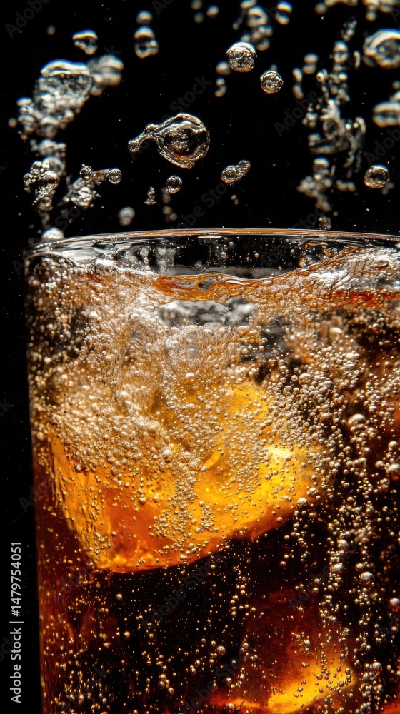 Poster refreshing cola drink with ice cubes and bubbles in a glass studio shot on black background close up