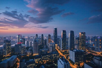 Fototapeta premium Twilight Office Landscape Featuring Urban Panorama for Contemporary Business Strategy