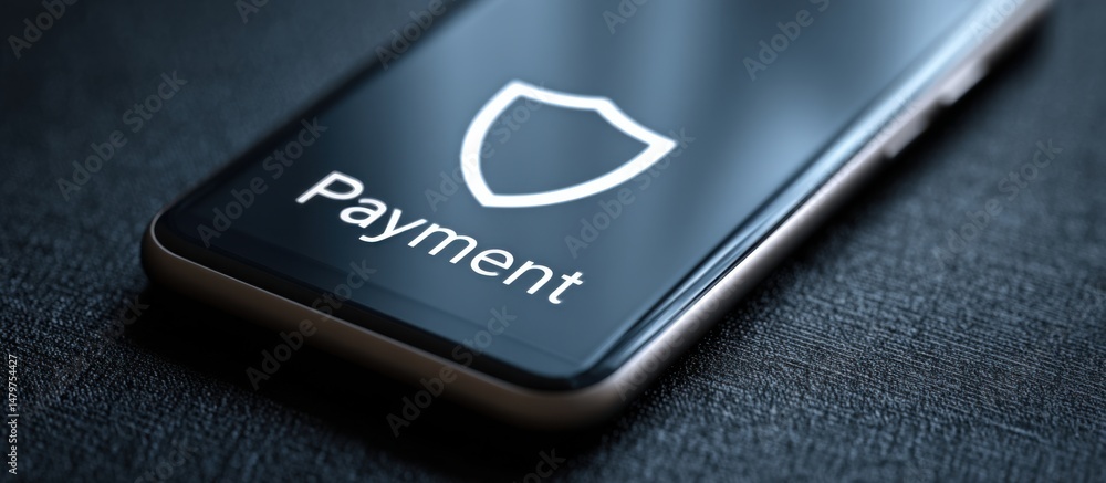 Poster digital payment security displayed on mobile device with shield icon reflecting modern transaction m