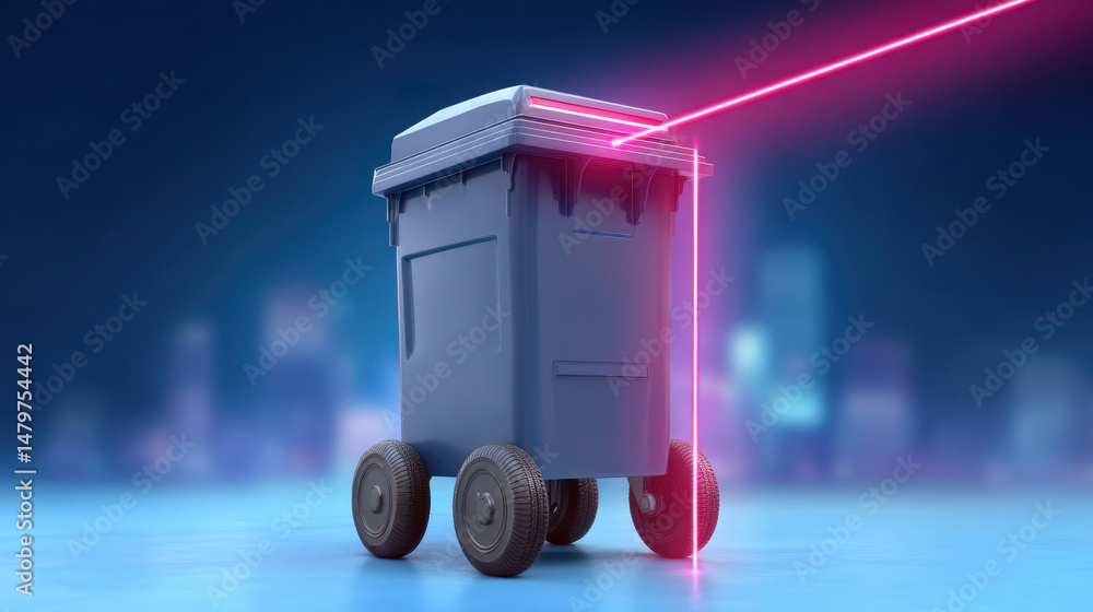 Poster garbage bin with wheels is measured by laser in urban night scene showing precise time and modern te